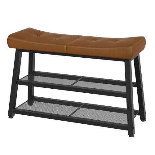 3-Tier Shoe Storage Bench with Padded PU Leather Seat and Metal Frame