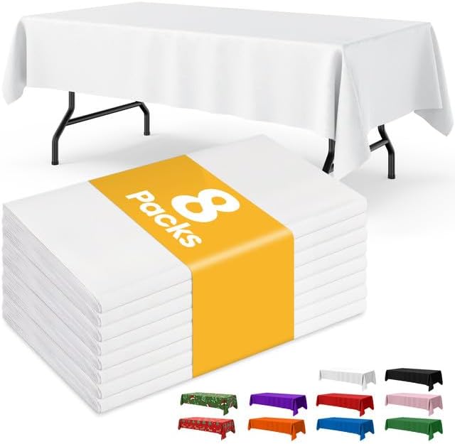 Niuara White Plastic Tablecloths - 8 Pack 54" x 108" Disposable Rectangle Covers for Parties & Gatherings