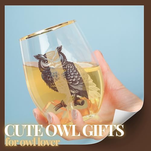 Onebttl 18oz Stemless Owl Wine Glass with Gold Details - Perfect Gift for Owl Lovers
