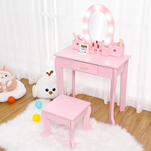 Kids Vanity Table and Stool Set with Lighted Mirror and Makeup Playset