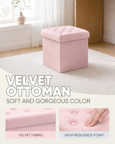 Velvet Tufted Storage Ottoman Cube - Foldable Footstool with Padded Lid