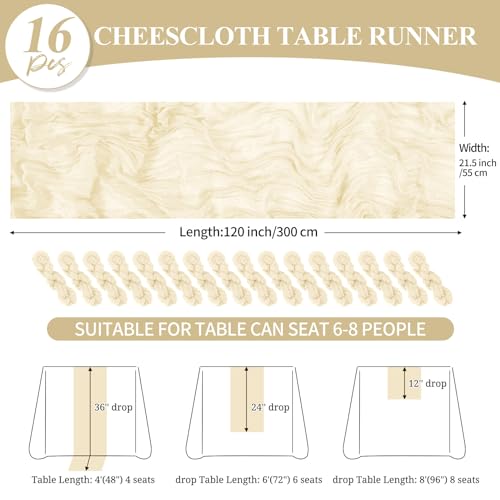 16 Pack Ivory 10ft Cheesecloth Table Runners for Wedding & Party Decor - 20 x 120 Inches