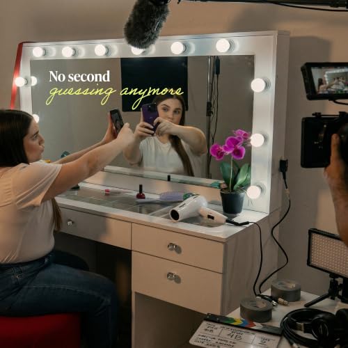 Large Vanity Desk with Framed Bulb Mirror and 5 Drawers