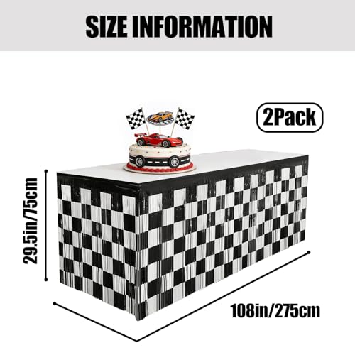 Black and White Checkered Foil Tinsel Table Skirt - 2 Pack Racing Party Decor