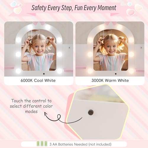 Kids Vanity Table and Chair Set with LED Mirror and Storage, White