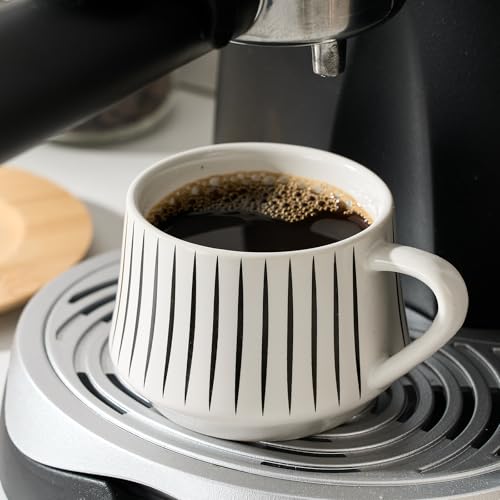 LUKA 6-Stripe White Ceramic Espresso Cups Set with Saucers & Metal Holder, 4.4 oz