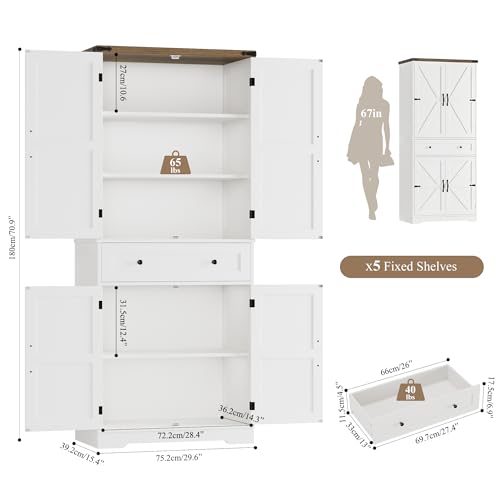 HOSTACK 71-Inch Farmhouse Kitchen Pantry Cabinet White and Rustic Brown, Rustic Storage Cabinet with Barn Doors