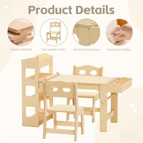 Kids Wooden Art Table and 2 Chairs Set with Paper Roll and Storage