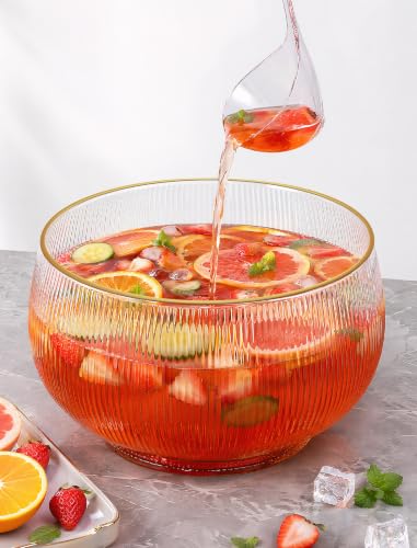 2.5 Gallon Ribbed Glass Punch Bowl Set with Gold Rim and Serving Ladle