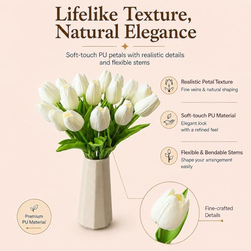 Artificial White Tulips 20-Piece Set - 13.5" Lifelike PU Faux Flowers