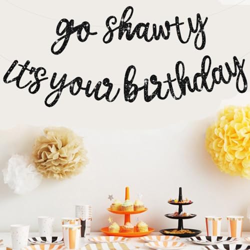 Go Shawty It's Your Birthday Banner - Pre-Strung Black Glitter Party Decor