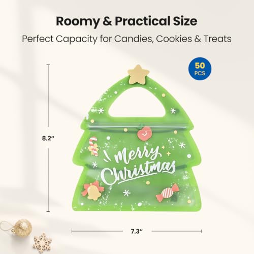 Leafory 50 Pcs Christmas Tree Shaped Treat Bags with Handle, Reusable Gift Bags