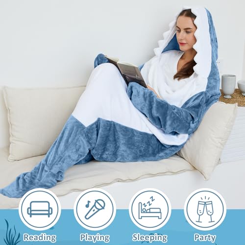 Shark Blanket Hoodie for Adults, Cozy Flannel Shark Sleeping Bag