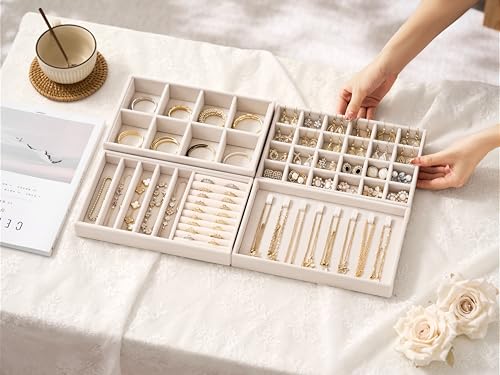 4-Layer Stackable Velvet Jewelry Organizer Trays with Removable Dividers