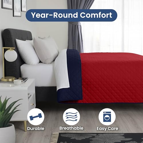 Reversible Twin Coverlet Quilt - Lightweight Bedding in Red/Navy