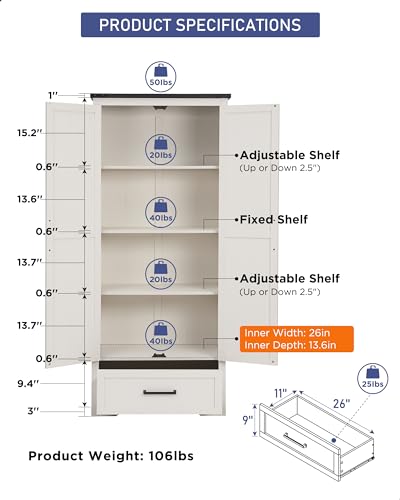 Antique White Farmhouse Kitchen Pantry Cabinet 72-Inch Tall Wood Storage with Adjustable Shelves & Barn Doors - 16"D x 32"W x 71"H