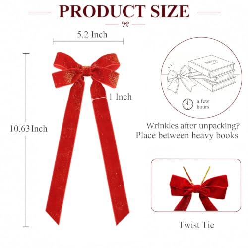 Red Velvet Ribbon Bows for Christmas Decorations, Gold Threaded, 12Pcs