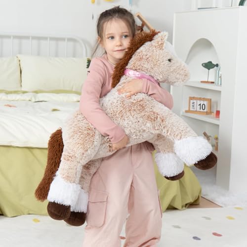 33-Inch Large Stuffed Horse Plush Toy, Brown Pony Cuddle Pillow