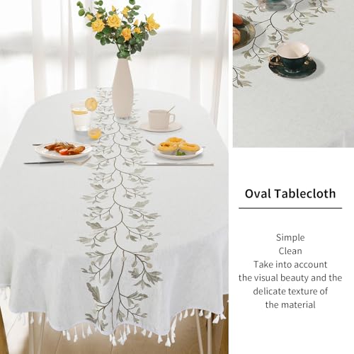 HOMBYS 102x60 Inch Oval Embroidered Tablecloth with Tassels - Natural, Wrinkle-Resistant Dust-Proof Cover for Kitchen & Dining