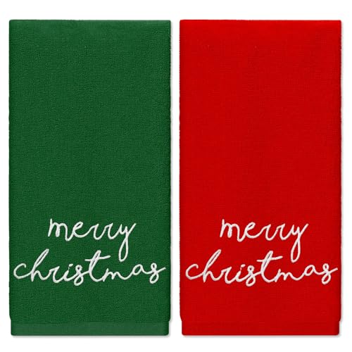 Christmas Embroidered Cotton Hand Towels Set 2 Pack Red Green Holiday Decor