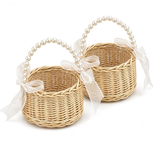 Wicker Flower Girl Basket Set of 2 with Pearl Handle & Bow for Weddings