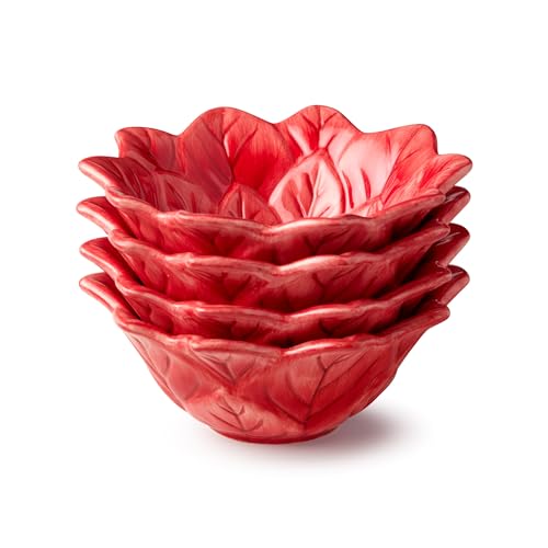 Set of 4 Red Poinsettia Ice Cream Bowls - Festive Holiday Ceramic Dessert Cups