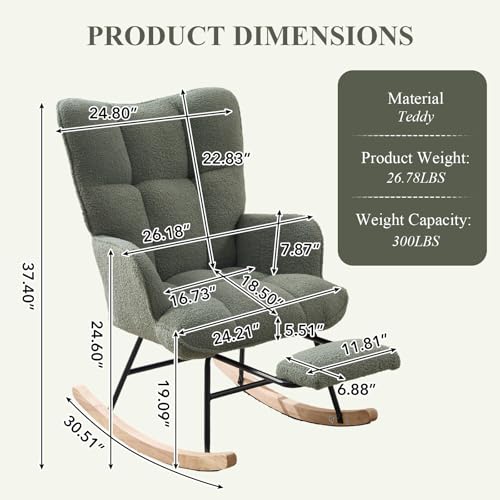 Teddy Fabric Nursery Rocking Chair with Footrest and Side Pocket - Green