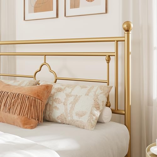 Queen Size Metal Platform Bed Frame with Victorian Headboard - Gold
