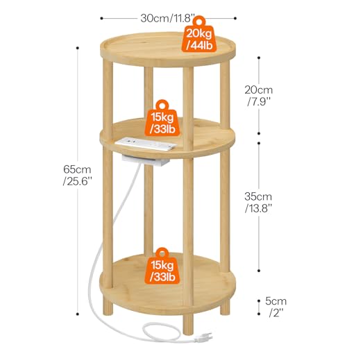 3-Tier Round Bamboo End Table with Charging Station and USB Ports