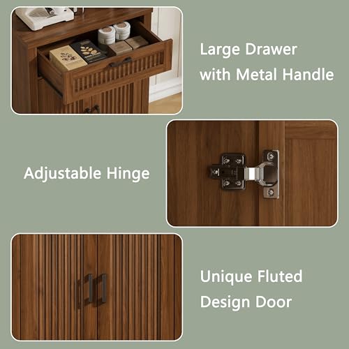 Fluted Farmhouse Sideboard Cabinet with Drawer and Adjustable Shelf, Walnut