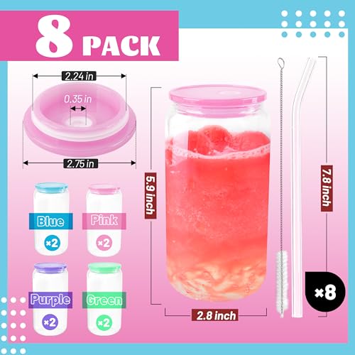 8-Piece 16oz Can-Shaped Glass Cup Set with Colorful Lids, Straws and Brushes