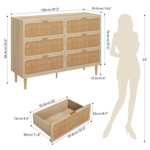 6-Drawer Wood Dresser with Natural Rattan Doors, Large Bedroom Chest