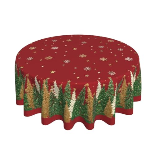 GOLIANDA Christmas Red Green Gold Tree Round Tablecloth 70 Inch Winter Snowflake Decorative Cover