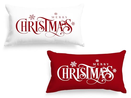 Lanpn 12x24 Xmas Pillow Covers Set of 2 Red & White Merry Christmas Snowflake - Front Print, Back Plain