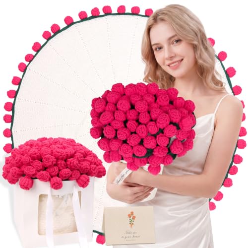 Red Rose Crochet Flower Bouquet Blanket 31 Inch Romantic Gift for Women