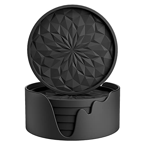 Silicone Drink Coasters with Holder - Set of 6 Non-Slip Cup Mats (Black)