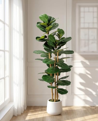 5ft Artificial Fiddle Leaf Fig Tree in White Planter - Lifelike Indoor Decor