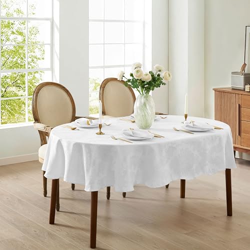 Newbridge Barcelona Damask Oval Tablecloth 60 x 102 Inch White - No Iron, Soil Resistant