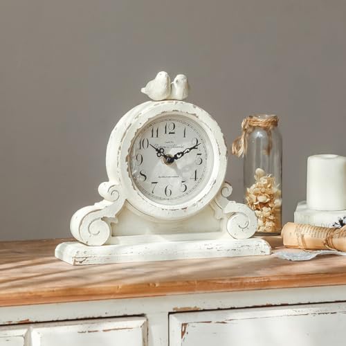 Vintage Bird Mantel Clock - Shabby Chic Distressed White Wooden Desk Clock