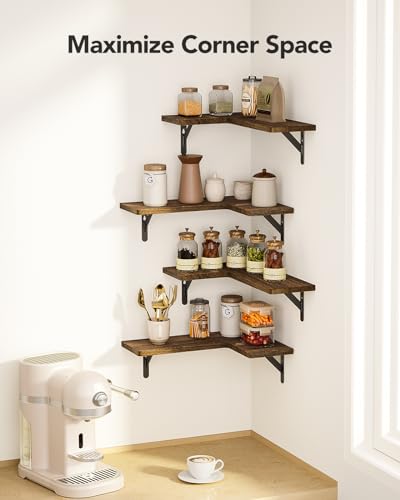 Set of 4 Corner Floating Shelves, Solid Paulownia Wood L-Shaped Wall Shelves