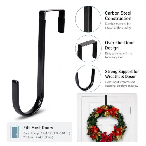 Black Carbon Steel Wreath Hanger - 5 Inch Over the Door Hook for Holiday Decor
