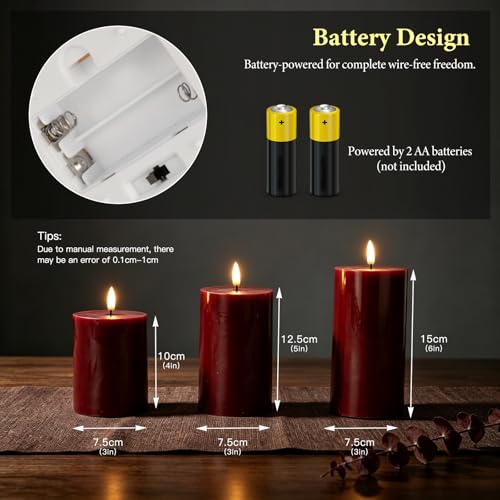RosMank 3-Piece LED Candles Set with 10-Key Remote, Flameless Real Wax, Red