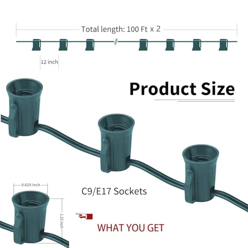 TechSense 100FT 2-Pack C9 Light Strand Set 200 FT Green Wire E17 Sockets for Indoor Outdoor Christmas & Wedding Decorations