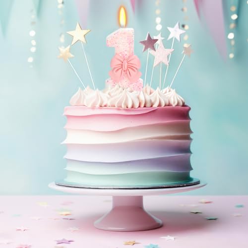Pink Glitter Number 1 Birthday Candle with Bowknot - 3 Inch Cake Topper