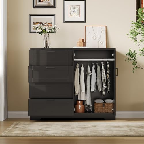 43-Inch Wardrobe Closet with 4 Drawers and Hanging Rod, Black