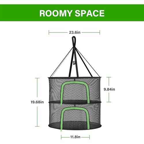iPower Herb Drying Rack 2-Layer 2ft Hanging Mesh Net Dryer Collapsible with U-Shape Zippers, Pothook, Carabiner and Storage Bag, for Hydroponics Plants, Fruits, Seafoods, Clothes, 2 Packs