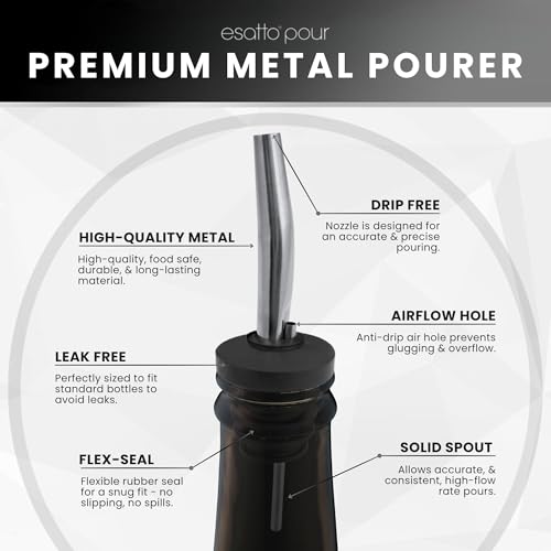 Esatto Stainless Steel Liquor Pourers 6 Pack with Dust Caps - Chrome, Leak-Proof, Drip-Free