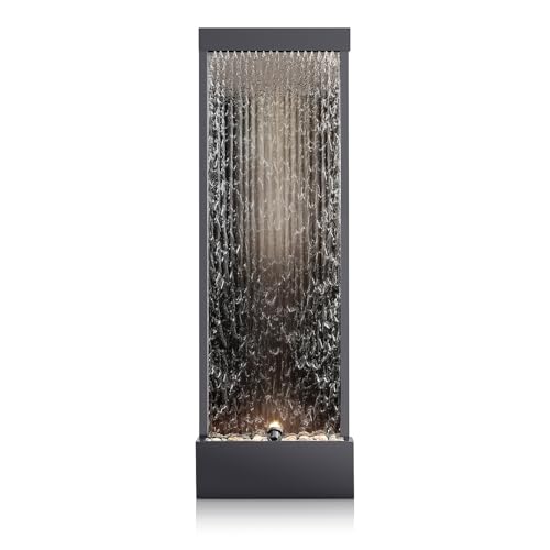 72-Inch Mirror Waterfall Floor Fountain with LED Lights & River Stones