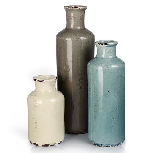 Ceramic Vases Set of 3 - Rustic Distressed Coastal Decor for Shelves & Tables