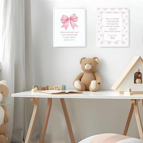Pink Bow Christian Wall Art Decor - 10x8 Inch Inspirational Bible Verses Set of 4